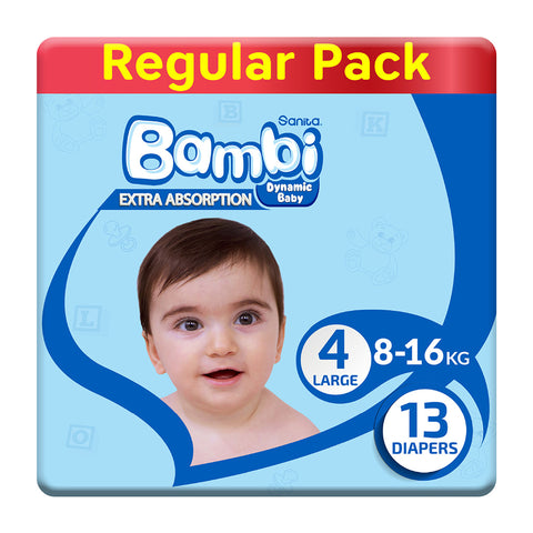 GETIT.QA- Qatar’s Best Online Shopping Website offers SANITA BAMBI BABY DIAPER REGULAR PACK SIZE-- 4 LARGE-- 8-16 KG-- 13 PCS at the lowest price in Qatar. Free Shipping & COD Available!