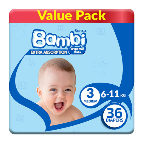 GETIT.QA- Qatar’s Best Online Shopping Website offers SANITA BAMBI BABY DIAPER VALUE PACK SIZE 3 MEDIUM 6-11KG 36 PCS at the lowest price in Qatar. Free Shipping & COD Available!