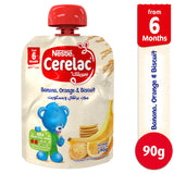 GETIT.QA- Qatar’s Best Online Shopping Website offers NESTLE CERELAC BANANA-- ORANGE-- & BISCUIT FRUITS PUREE POUCH BABY FOOD 90 G at the lowest price in Qatar. Free Shipping & COD Available!