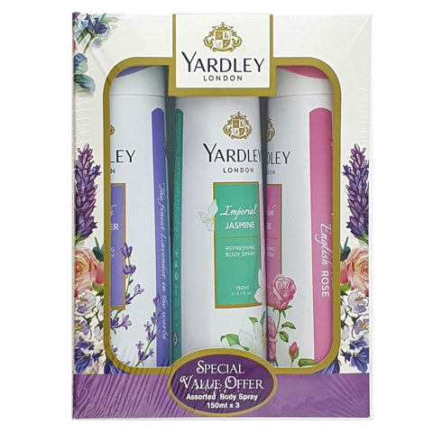 GETIT.QA- Qatar’s Best Online Shopping Website offers YARDLEY BODY SPRAY ASSORTED FOR WOMEN VALUE PACK 3 X 150 ML at the lowest price in Qatar. Free Shipping & COD Available!
