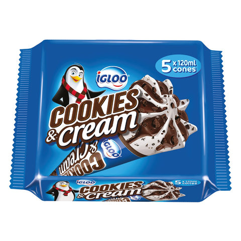 GETIT.QA- Qatar’s Best Online Shopping Website offers IGLOO COOKIES & CREAM ICE CREAM CONE 5 X 120 ML at the lowest price in Qatar. Free Shipping & COD Available!
