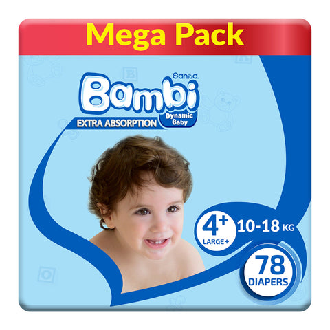GETIT.QA- Qatar’s Best Online Shopping Website offers SANITA BAMBI BABY DIAPER MEGA PACK SIZE 4+ LARGE PLUS 10-18KG 78 PCS at the lowest price in Qatar. Free Shipping & COD Available!