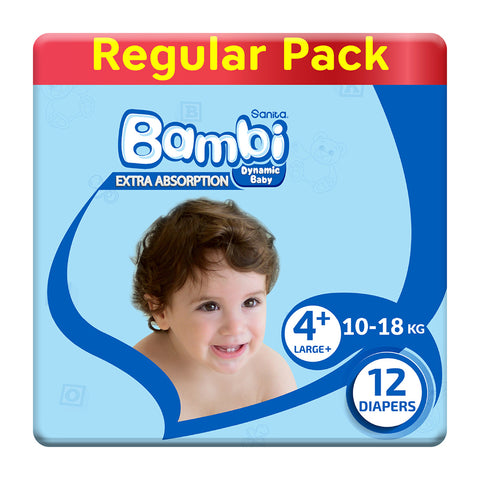 GETIT.QA- Qatar’s Best Online Shopping Website offers SANITA BAMBI BABY DIAPER REGULAR PACK SIZE-- 4+ LARGE PLUS-- 10-18 KG-- 12 PCS at the lowest price in Qatar. Free Shipping & COD Available!