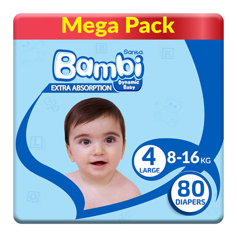 GETIT.QA- Qatar’s Best Online Shopping Website offers SANITA BAMBI BABY DIAPER MEGA PACK SIZE 4 LARGE 8-16KG 80 PCS at the lowest price in Qatar. Free Shipping & COD Available!