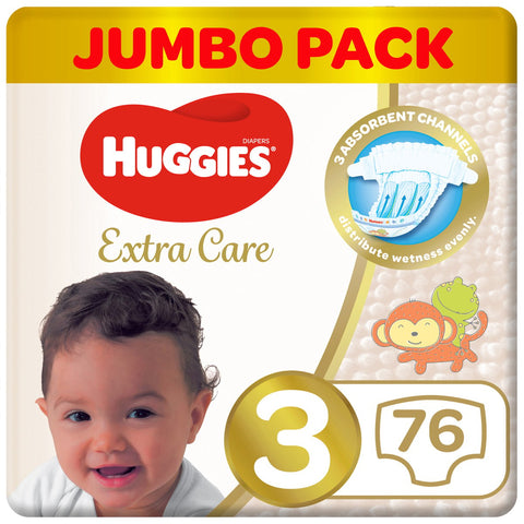GETIT.QA- Qatar’s Best Online Shopping Website offers HUGGIES EXTRA CARE SIZE 3 4 - 9 KG JUMBO PACK 76 PCS at the lowest price in Qatar. Free Shipping & COD Available!