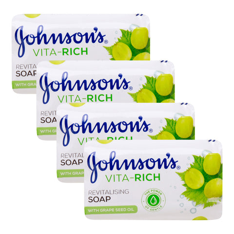 GETIT.QA- Qatar’s Best Online Shopping Website offers JOHNSON & JOHNSON VITA RICH REVITALISING GRAPE SEED OIL SOAP-- 4 X 175 G at the lowest price in Qatar. Free Shipping & COD Available!