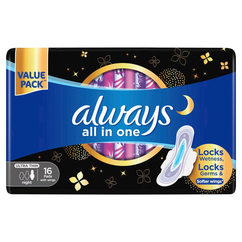 GETIT.QA- Qatar’s Best Online Shopping Website offers ALWAYS ALL IN ONE ULTRA THIN NIGHT SANITARY PADS WITH WINGS 16PCS at the lowest price in Qatar. Free Shipping & COD Available!