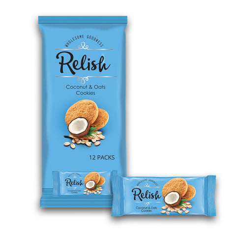 GETIT.QA- Qatar’s Best Online Shopping Website offers RELISH  COCONUT & OATS COOKIES 12 X 42G at the lowest price in Qatar. Free Shipping & COD Available!