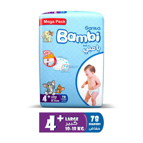 GETIT.QA- Qatar’s Best Online Shopping Website offers SANITA BAMBI BABY DIAPER MEGA PACK SIZE 4+ LARGE PLUS 10-18 KG 78 PCS at the lowest price in Qatar. Free Shipping & COD Available!