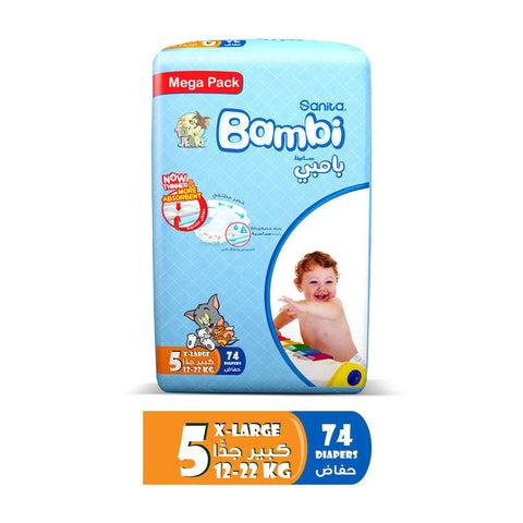 GETIT.QA- Qatar’s Best Online Shopping Website offers SANITA BAMBI BABY DIAPER MEGA PACK SIZE 5 EXTRA LARGE 12-22 KG 74 PCS at the lowest price in Qatar. Free Shipping & COD Available!