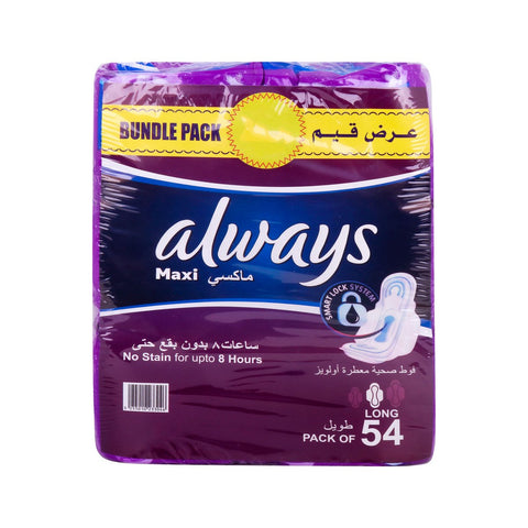 GETIT.QA- Qatar’s Best Online Shopping Website offers ALWAYS MAXI LONG SANITARY PADS 54PCS at the lowest price in Qatar. Free Shipping & COD Available!