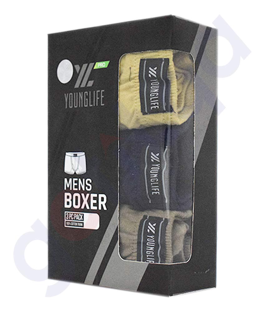 Buy Younglife Pro Mens Boxer 3pcs Pack 100% Cotton Onlne in Doha Qatar