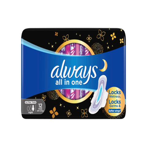 GETIT.QA- Qatar’s Best Online Shopping Website offers ALWAYS ALL IN ONE ULTRA THIN NIGHT SANITARY PADS WITH WINGS 12PCS at the lowest price in Qatar. Free Shipping & COD Available!