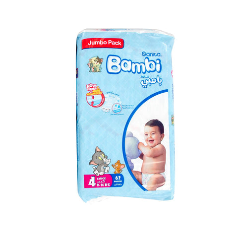 GETIT.QA- Qatar’s Best Online Shopping Website offers SANITA BAMBI BABY DIAPER JUMBO PACK DIAPER SIZE 4 LARGE 8-16KG 62PCS at the lowest price in Qatar. Free Shipping & COD Available!