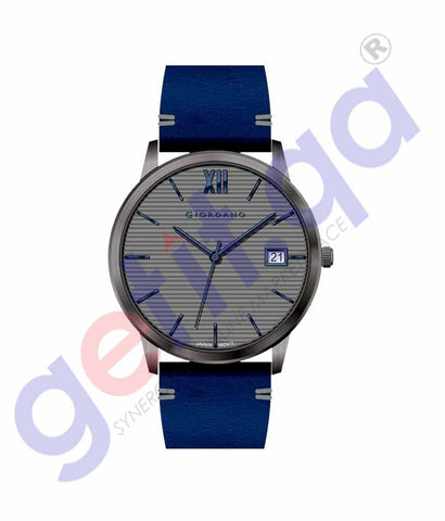 GIORDANO GENTS DATE & TIME FN BLACK CASE BLUE LEATHER GRAY DIAL