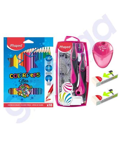 BUY  MAPPED BT-MATH SET9PC+COLOUR PENCILS18+SHARPNER+ERASER MDP-SP-024  IN QATAR | HOME DELIVERY WITH COD ON ALL ORDERS ALL OVER QATAR FROM GETIT.QA