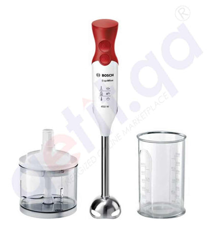 BUY BOSCH HAND BLENDER PLUS CHOPPER, 450W, WHITE & RED COLOR  MSM64120GB IN QATAR, ONLINE AT GETIT.QA. CASH ON DELIVERY AVAILABLE