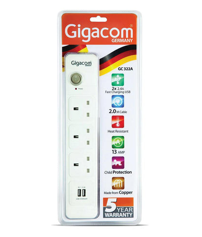 Extension Box - GIGACOM POWER STRIP EXTENSION WITH SURGE PROTECTOR 3-SOCKET+2 USB-PORT GC322A