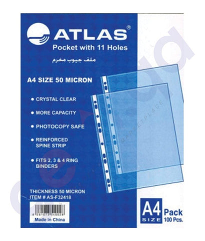 Files, Dividers & Folders - ATLAS GLASS CLEAR POCKET PP 50MICRON A4 BOX=100  AS-F32418