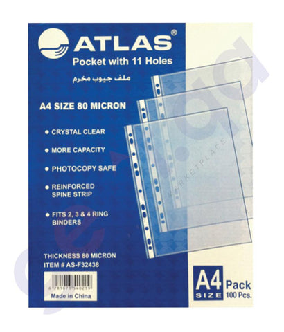 Files, Dividers & Folders - ATLAS GLASS CLEAR POCKET PP 80MICRON A4 BOX=100  AS-F32438