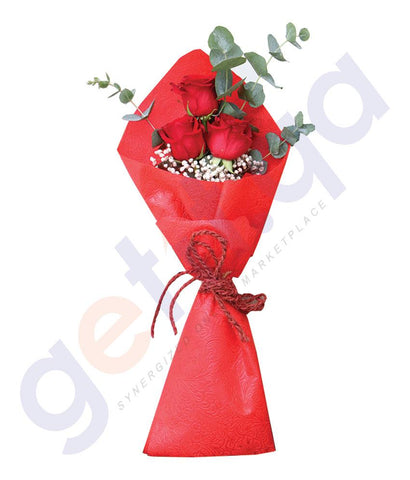 FLOWER - 3 FREEDOM RED ROSES WITH EUCALIPTUS IN RED WRAP