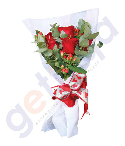 Buy 6 Red Roses Hypericum Eucalyptus Leaves Wrap Doha Qatar