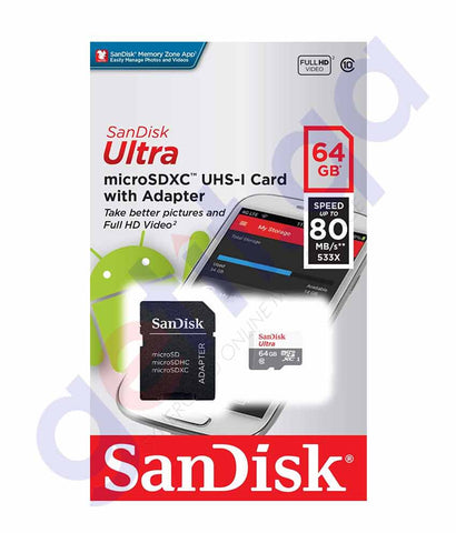 SAN DISK ULTRA MICRO SD + ADAPTER 80MB/s C10 64GB SDSQUNS-064G- GN3MA
